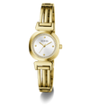A gold-tone women's bangle watch by Guess with a round white dial, crystal-embellished bezel, and matching gold-tone link bracelet, shown on a clean white background.