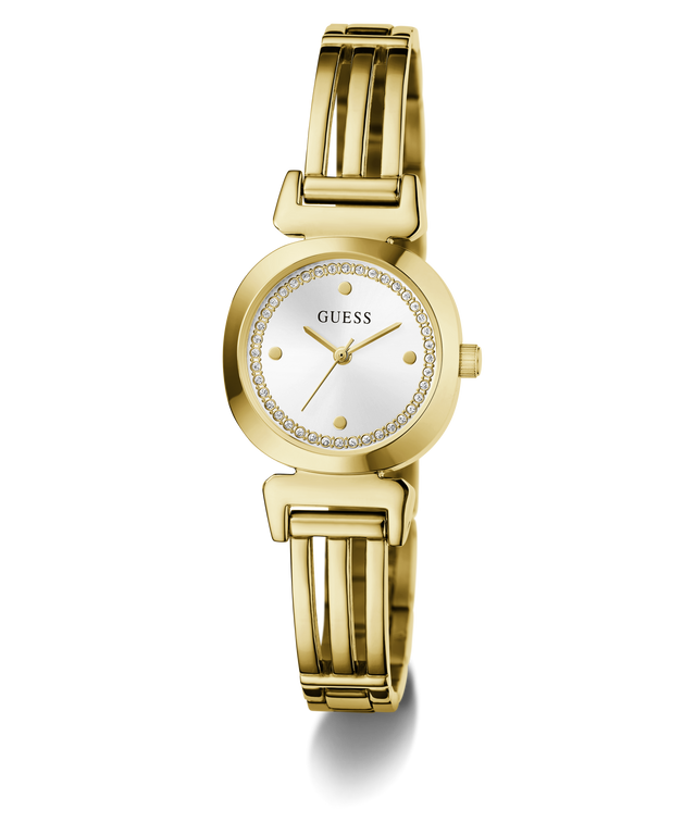 A gold-tone women's bangle watch by Guess with a round white dial, crystal-embellished bezel, and matching gold-tone link bracelet, shown on a clean white background.