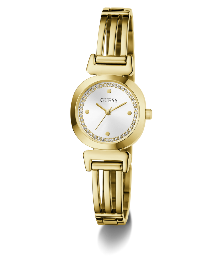 A gold-tone women's bangle watch by Guess with a round white dial, crystal-embellished bezel, and matching gold-tone link bracelet, shown on a clean white background.