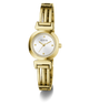 A gold-tone women's bangle watch by Guess with a round white dial, crystal-embellished bezel, and matching gold-tone link bracelet, shown on a clean white background.
