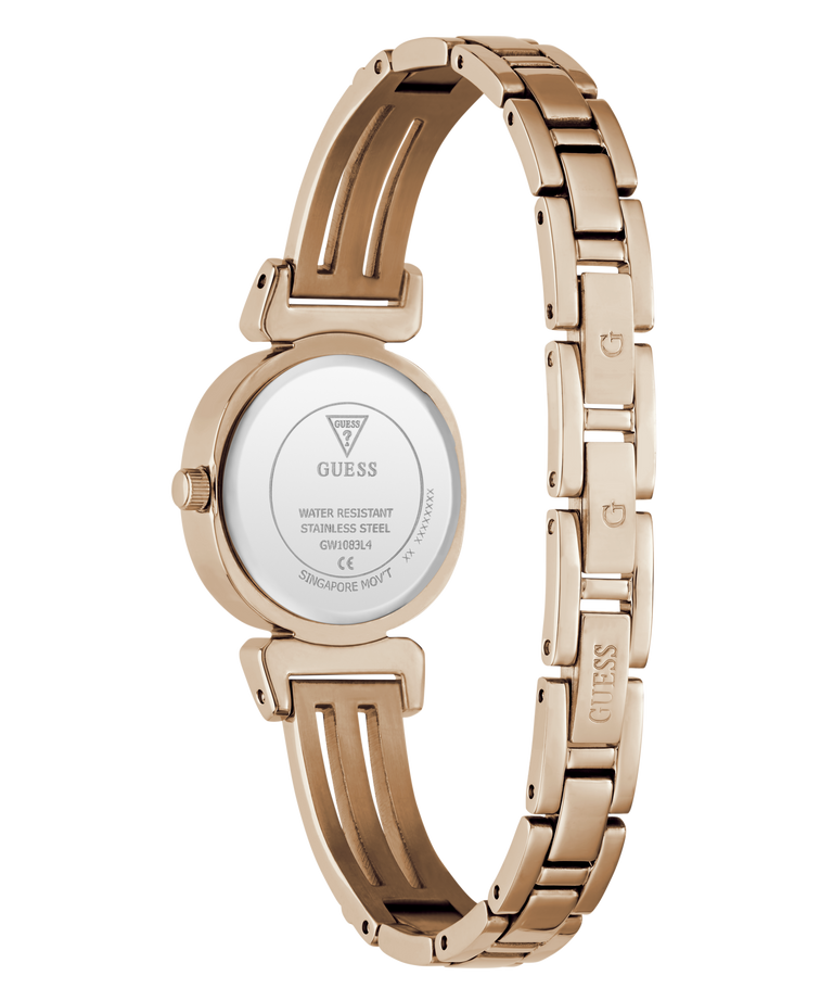 Rose gold stainless steel women's watch shown from the back, featuring a round case and a multi-link bracelet with GUESS branding engraved on the links.