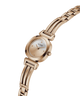 A rose gold women's wristwatch with a round bezel, a white dial with small crystal hour markers, and a matching rose gold link bracelet, shown on a plain white background. lifestyle