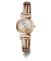A GUESS women's watch featuring a polished rose gold-tone bangle bracelet, a round bezel accented with clear crystals, and a matching rose gold dial with gold-tone hands.
