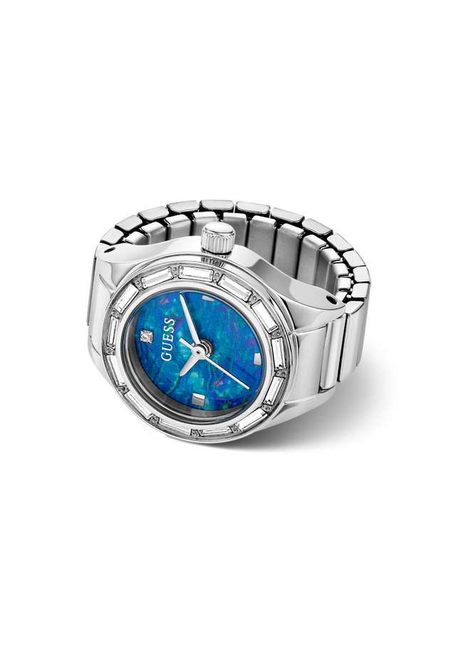 A GUESS women's watch ring featuring a silver-tone metal link bracelet, a bezel set with small clear crystals, and a textured blue dial with silver hands and GUESS branding.