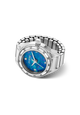 A GUESS women's watch ring featuring a silver-tone metal link bracelet, a bezel set with small clear crystals, and a textured blue dial with silver hands and GUESS branding.