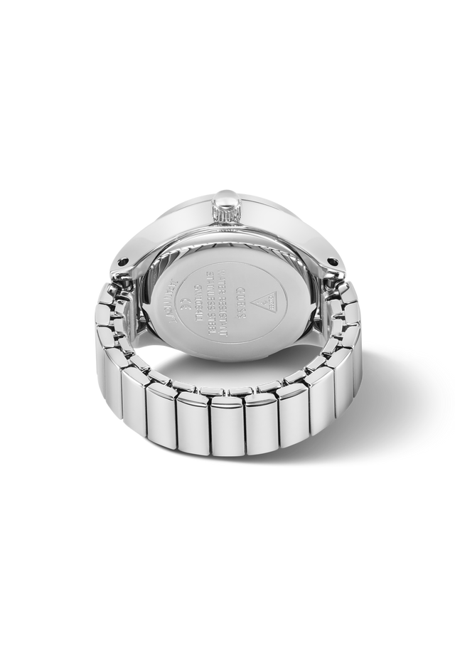 The back of a silver stainless steel watch ring with a matching metal link bracelet, shown on a clean white background.