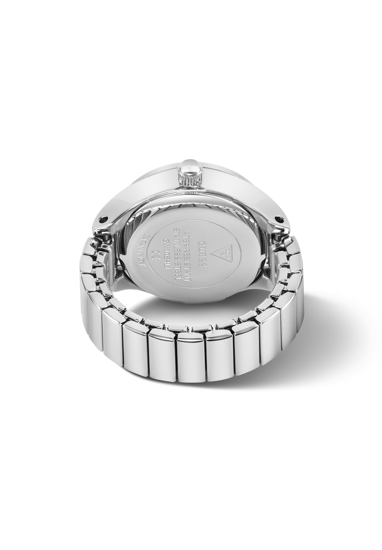 The back of a silver stainless steel watch ring with a matching metal link bracelet, shown on a clean white background.