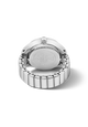 The back of a silver stainless steel watch ring with a matching metal link bracelet, shown on a clean white background.