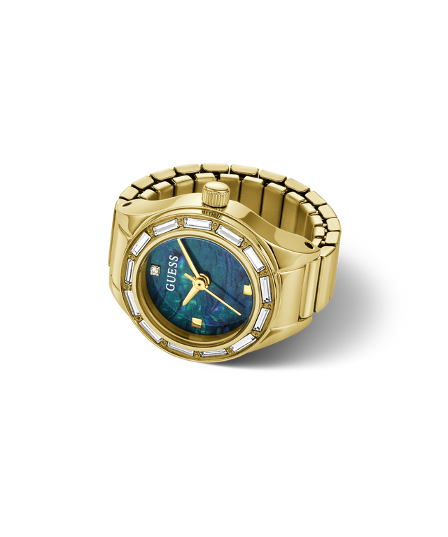 A gold-tone Guess watch ring with a bezel-set row of clear stones and a blue iridescent dial, shown on a clean white background.