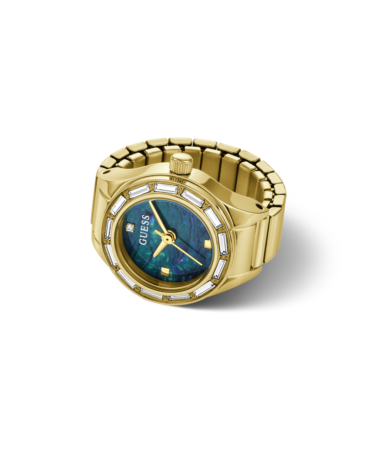 A gold-tone Guess watch ring with a bezel-set row of clear stones and a blue iridescent dial, shown on a clean white background.