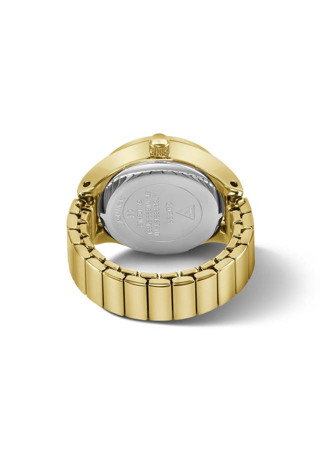 The back of a gold-tone stainless steel watch ring with a matching metal link bracelet, shown on a clean white background.
