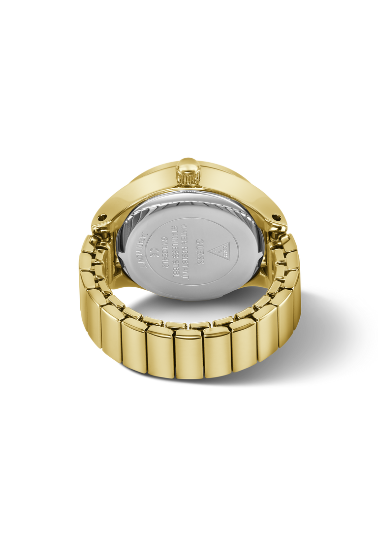 The back of a gold-tone stainless steel watch ring with a matching metal link bracelet, shown on a clean white background.