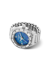A women's GUESS watch ring featuring a silver-tone metal link bracelet, a bezel set with small clear crystals, and a vibrant blue dial with a mother-of-pearl texture.