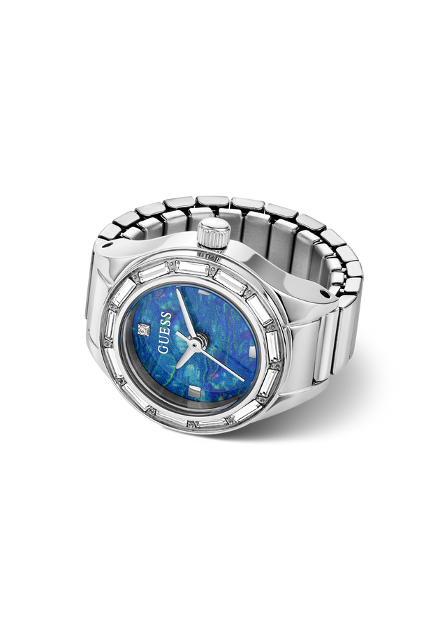 A women's GUESS watch ring featuring a silver-tone metal link bracelet, a bezel set with small clear crystals, and a vibrant blue dial with a mother-of-pearl texture.