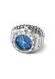 A women's GUESS watch ring featuring a silver-tone metal link bracelet, a bezel set with small clear crystals, and a vibrant blue dial with a mother-of-pearl texture.