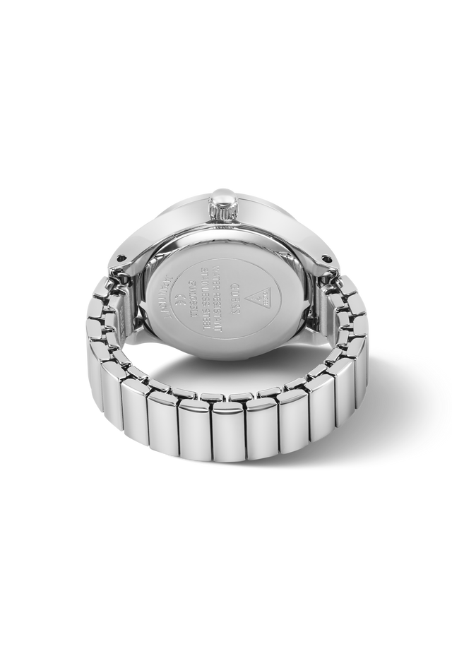 The back view of a silver stainless steel watch ring with a metal link bracelet, showing engraved details on the case and a clean white background.