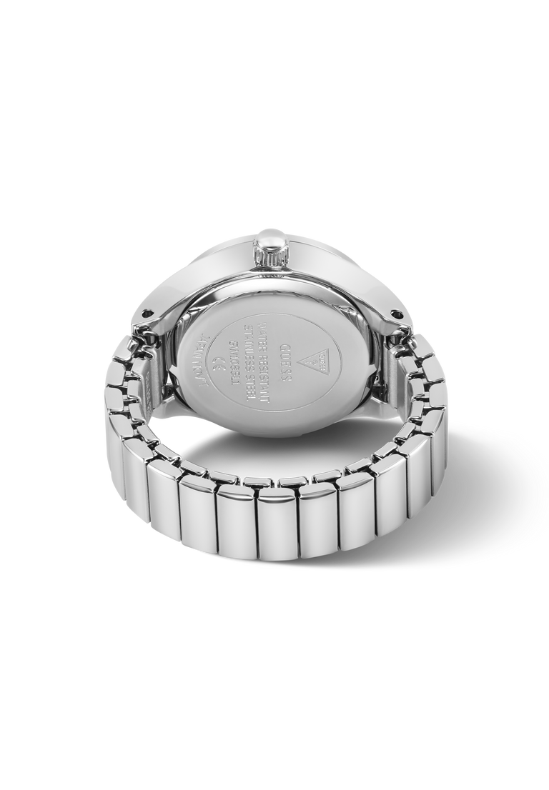 The back view of a silver stainless steel watch ring with a metal link bracelet, showing engraved details on the case and a clean white background.