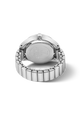 The back view of a silver stainless steel watch ring with a metal link bracelet, showing engraved details on the case and a clean white background.