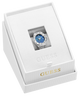A Guess wristwatch ring with a blue dial and silver-tone case and bracelet, presented inside an open white Guess gift box with gold branding.
