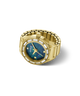 A gold-tone Guess watch ring with a bezel-set row of clear stones and a blue iridescent dial, shown on a clean white background.