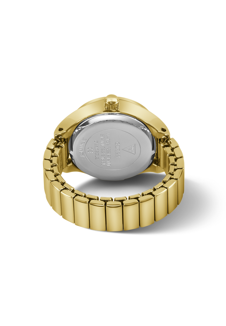The back view of a gold-tone wristwatch ring with a metal link bracelet, showing the brushed and polished silver-tone case back on a clean white background.