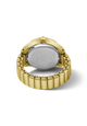 The back view of a gold-tone wristwatch ring with a metal link bracelet, showing the brushed and polished silver-tone case back on a clean white background.