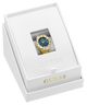 A gold-tone Guess wristwatch ring with a blue dial and blue bezel, presented inside an open white Guess gift box.
