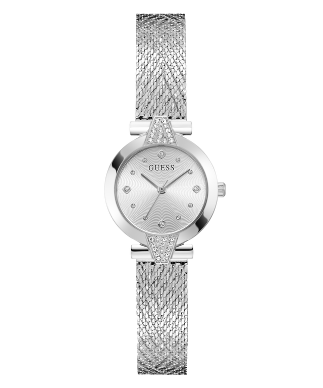A silver-tone women's wristwatch by Guess with a mesh metal bracelet, a round bezel, and a textured silver dial with crystal hour markers.