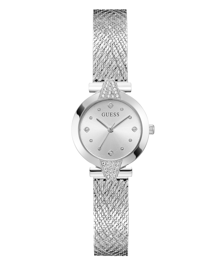 A silver-tone women's wristwatch by Guess with a mesh metal bracelet, a round bezel, and a textured silver dial with crystal hour markers.