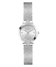 A silver-tone women's wristwatch by Guess with a mesh metal bracelet, a round bezel, and a textured silver dial with crystal hour markers.