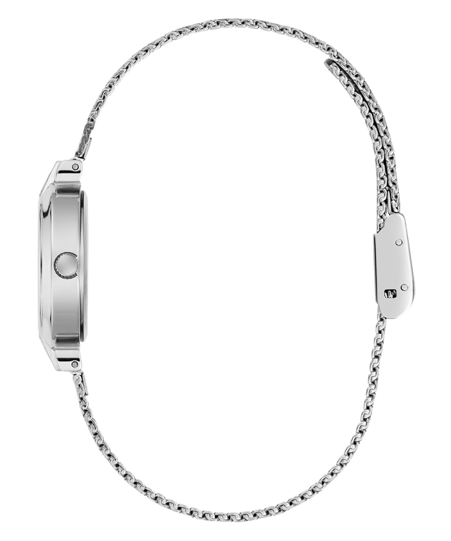 Silver-tone stainless steel watch with a slim chain-link band, shown from a side profile view on a solid white background.
