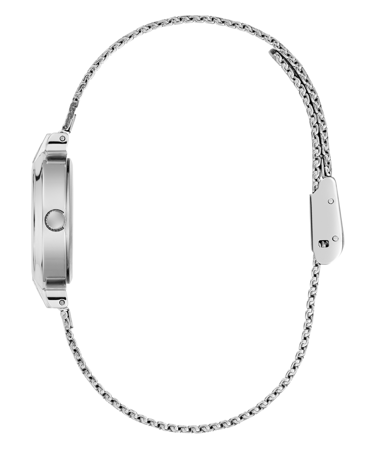 Silver-tone stainless steel watch with a slim chain-link band, shown from a side profile view on a solid white background.