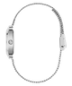 Silver-tone stainless steel watch with a slim chain-link band, shown from a side profile view on a solid white background.