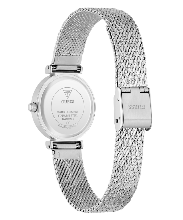 Silver stainless steel women's watch shown from the back, featuring a round case with GUESS branding on the case back and a matching mesh strap with a GUESS logo on the clasp, set against a plain white background.