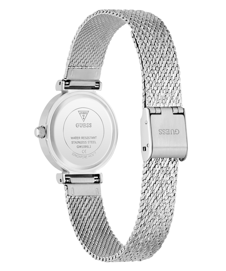 Silver stainless steel women's watch shown from the back, featuring a round case with GUESS branding on the case back and a matching mesh strap with a GUESS logo on the clasp, set against a plain white background.