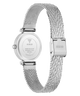 Silver stainless steel women's watch shown from the back, featuring a round case with GUESS branding on the case back and a matching mesh strap with a GUESS logo on the clasp, set against a plain white background.