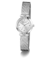 A silver-tone wrist watch with a mesh strap, round dial, and crystal embellishments, shown on a clean white background. The brand name 'GUESS' is visible on the dial.