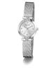 A silver-tone wrist watch with a mesh strap, round dial, and crystal embellishments, shown on a clean white background. The brand name 'GUESS' is visible on the dial.