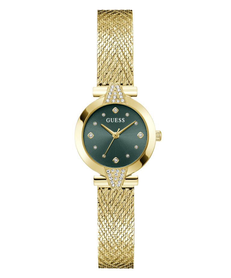 Gold-tone Guess watch with a dark green dial and a gold mesh bracelet, featuring crystal accents on the bezel and hour markers.
