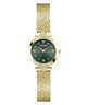Gold-tone Guess watch with a dark green dial and a gold mesh bracelet, featuring crystal accents on the bezel and hour markers.