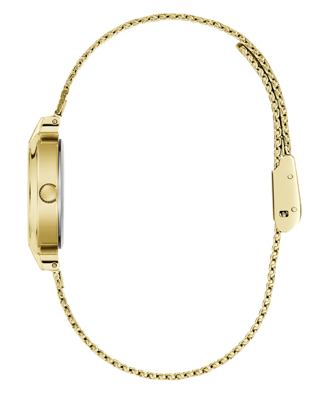 Gold-tone watch shown from the side profile, featuring a slim rectangular case and a matching gold-tone chain strap on a plain white background.