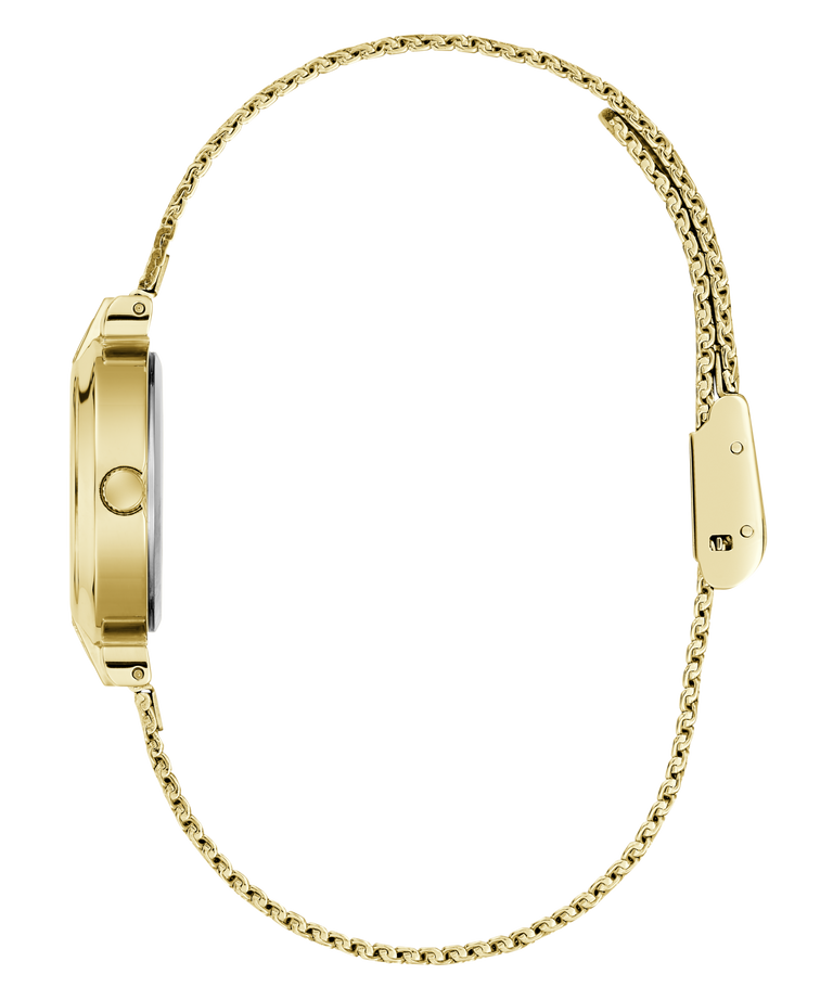 Gold-tone watch shown from the side profile, featuring a slim rectangular case and a matching gold-tone chain strap on a plain white background.