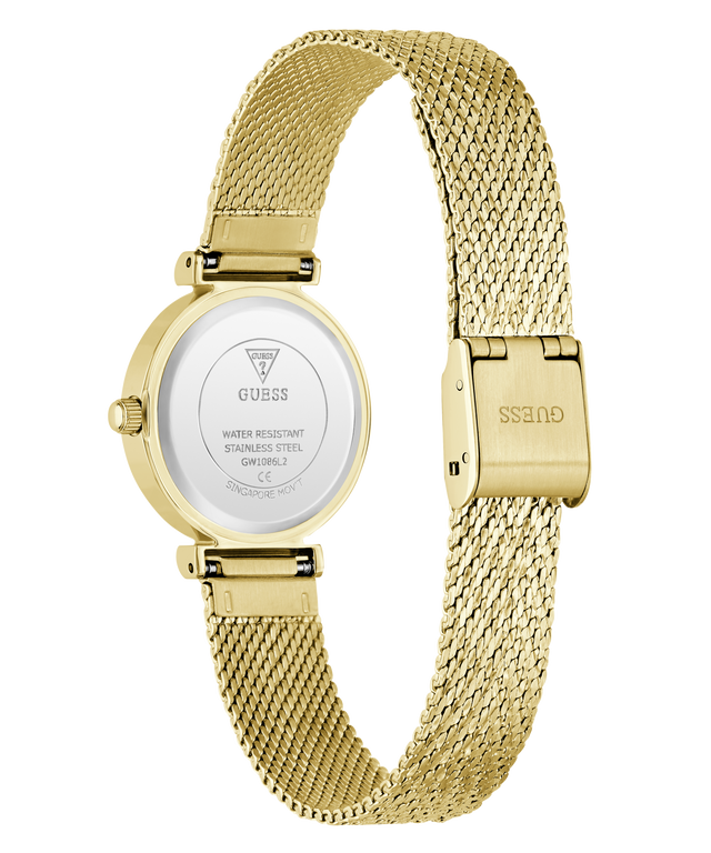 Gold-tone stainless steel women's watch with a mesh band, shown from the back on a white background. The back casing features a white insert with brand text and the clasp is engraved with 'GUESS'.