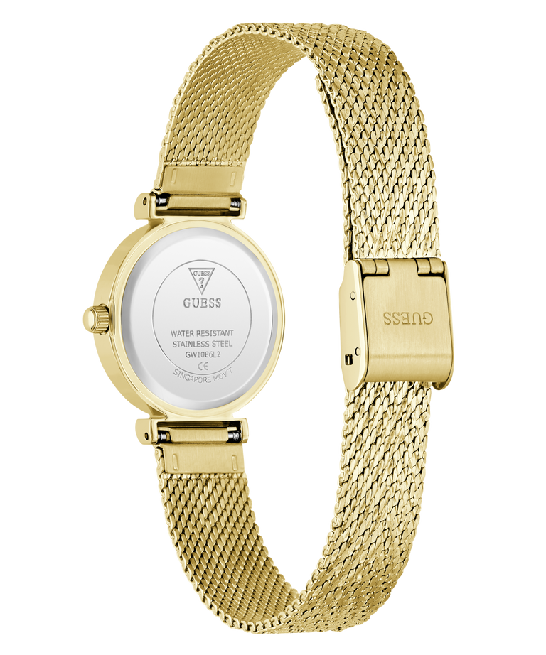 Gold-tone stainless steel women's watch with a mesh band, shown from the back on a white background. The back casing features a white insert with brand text and the clasp is engraved with 'GUESS'.