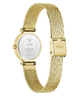 Gold-tone stainless steel women's watch with a mesh band, shown from the back on a white background. The back casing features a white insert with brand text and the clasp is engraved with 'GUESS'.