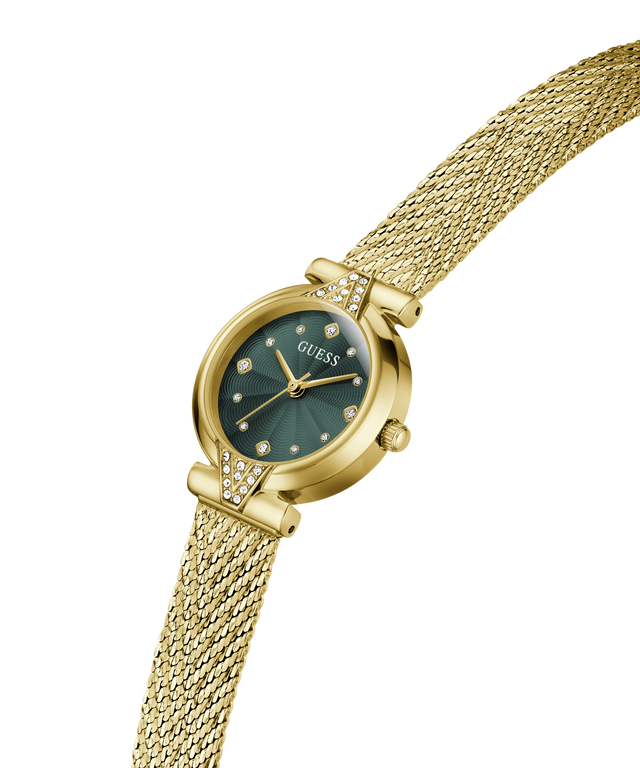 A gold-tone Guess watch with a green sunburst dial and a matching gold mesh bracelet, shown on a clean white background. lifestyle