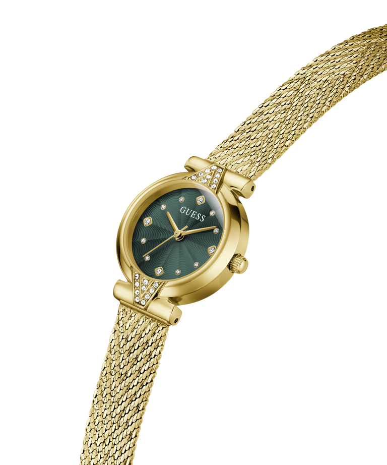 A gold-tone Guess watch with a green sunburst dial and a matching gold mesh bracelet, shown on a clean white background. lifestyle