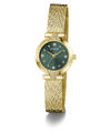 A gold-tone Guess wristwatch with a textured mesh band, a round green dial, and crystal hour markers, shown on a clean white background.