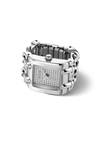 A silver-tone women's watch ring with a rectangular crystal-encrusted face and a matching crystal-embellished link band, shown on a clean white background.