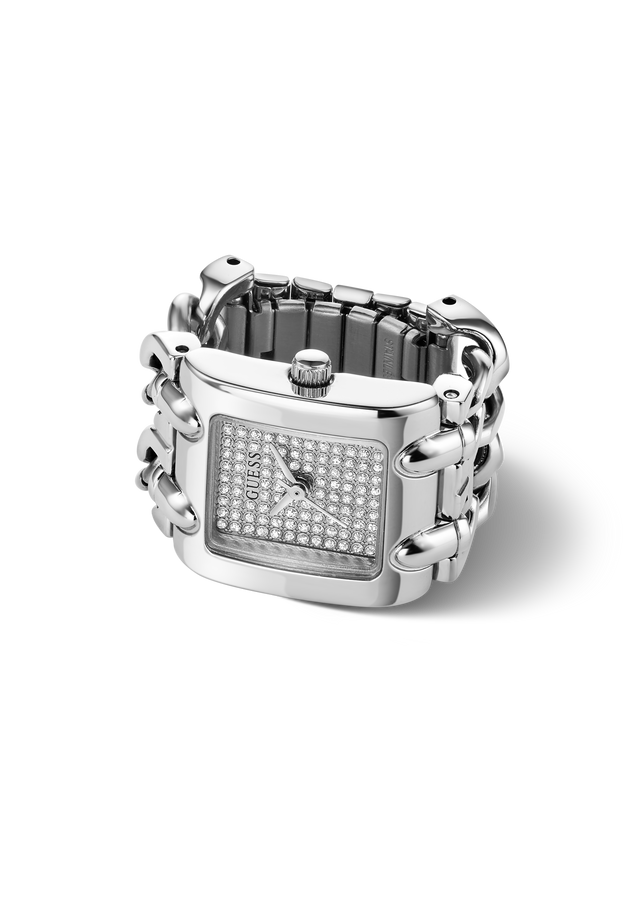 A silver-tone women's watch ring with a rectangular crystal-encrusted face and a matching crystal-embellished link band, shown on a clean white background.